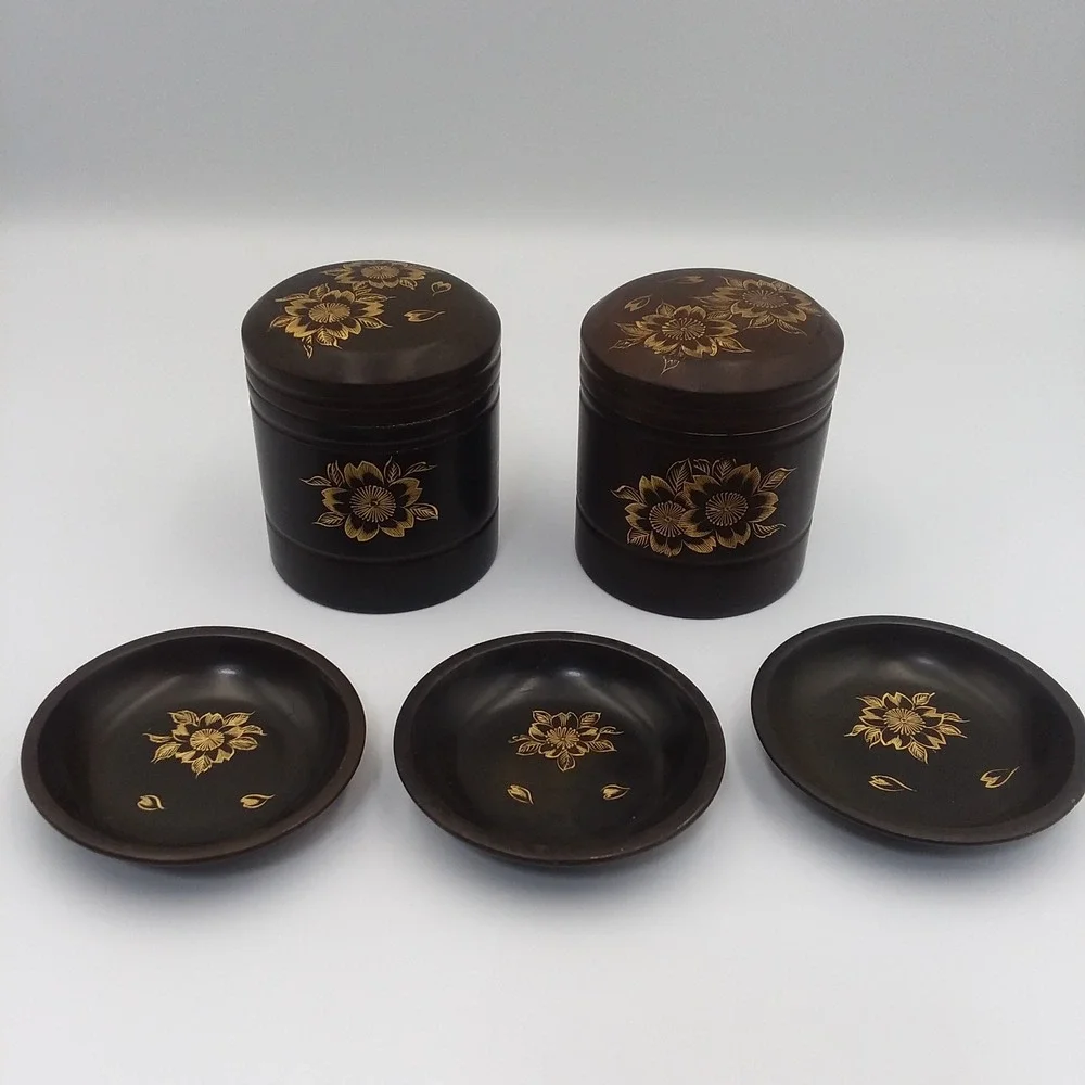 Vintage Maruni Lacquerware Set 2 Canisters 3 Bowls Floral Design Occupied Japan